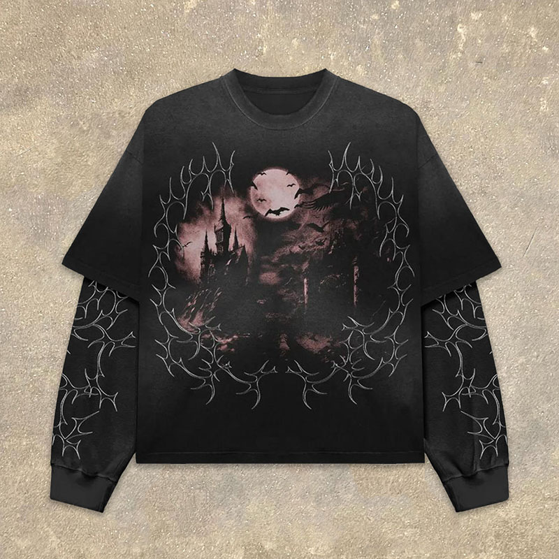 Fake Two Halloween Print Long Sleeve T-Shirt