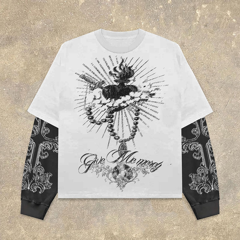 Fake Two Give Me Mercy Print Long Sleeve T-Shirt