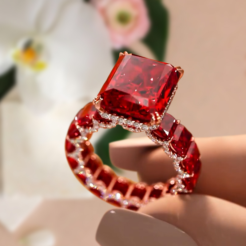 14.22 CT Luxury Ruby Radiant Cut Pave Halo Engagement Ring