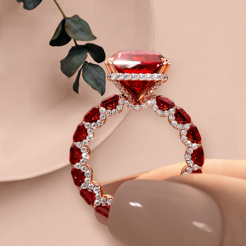 14.22 CT Luxury Ruby Radiant Cut Pave Halo Engagement Ring