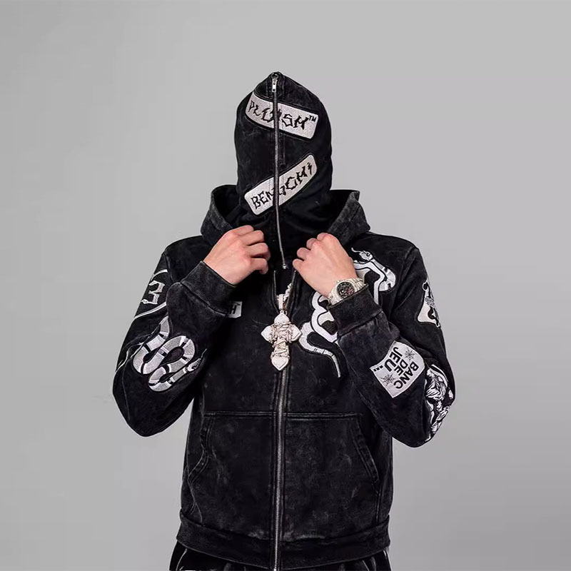 Dark Hip Hop Embroidered Washed Hoodie