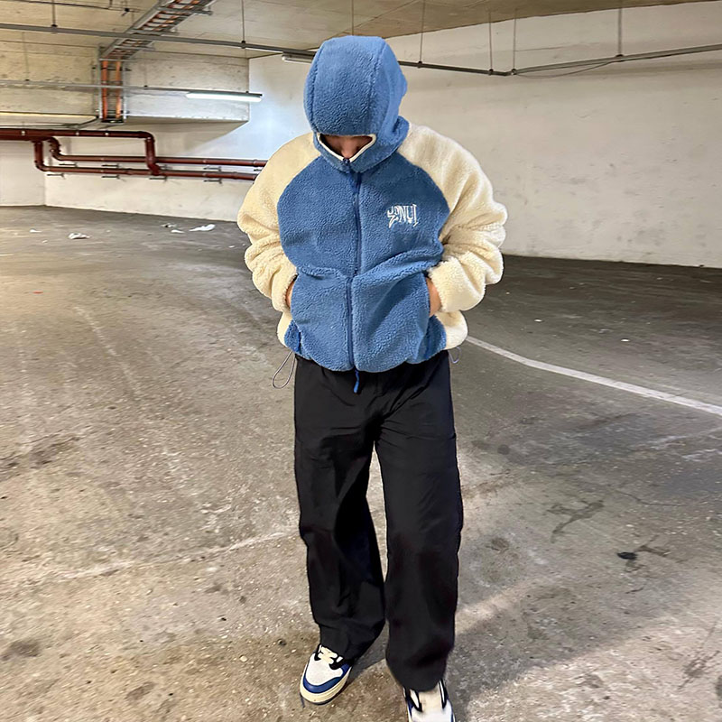 Hip Hop Colorblocked Plush Zip Hooded Jacket