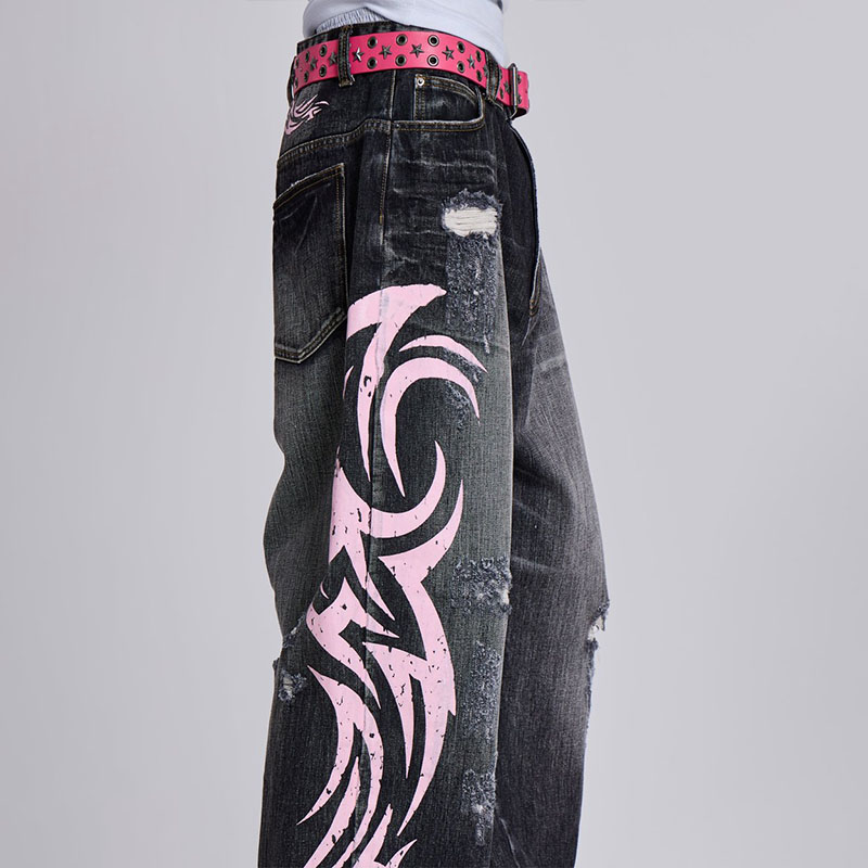 Vintage Wasteland Style Printed Jeans