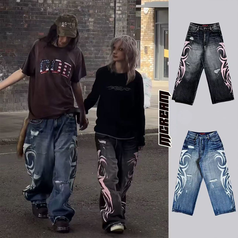 Vintage Wasteland Style Printed Jeans