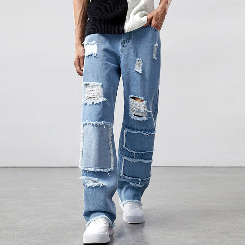 Ripped And Spliced Straight-leg Jeans