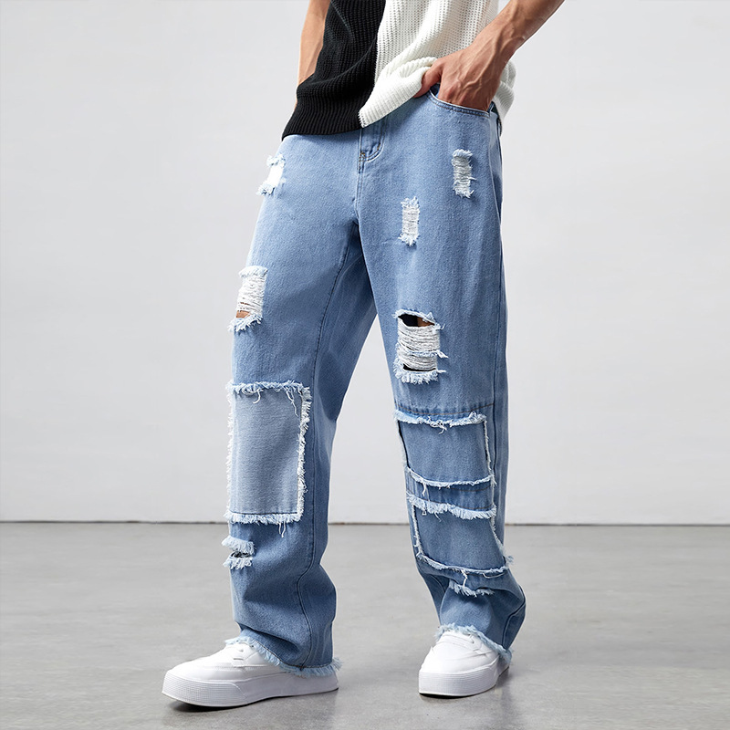 Ripped And Spliced Straight-leg Jeans