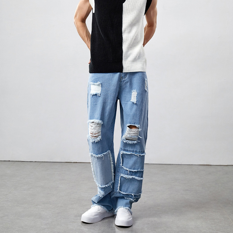 Ripped And Spliced Straight-leg Jeans