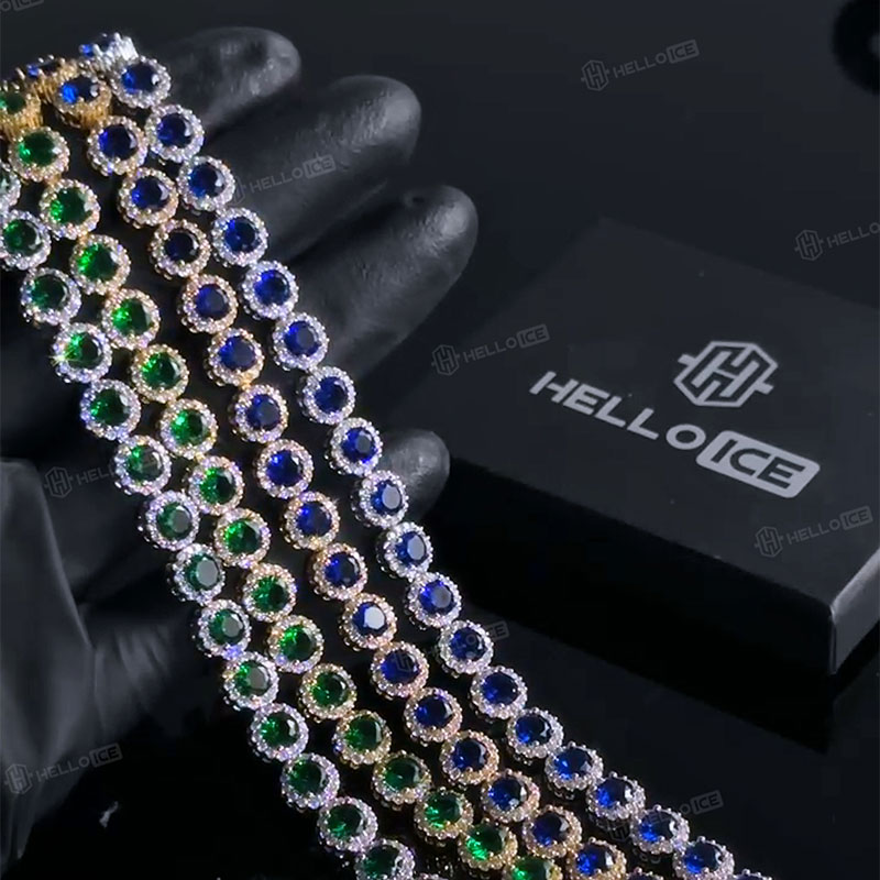 Iced Out Round Cut Sapphire/Emerald Halo Bracelet