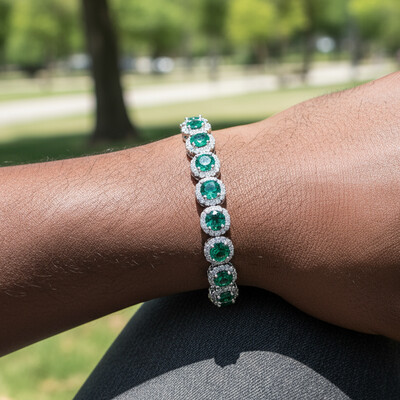 Iced Out Round Cut Sapphire/Emerald Halo Bracelet
