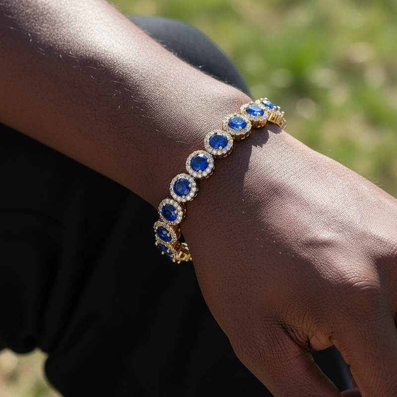 Iced Out Round Cut Sapphire/Emerald Halo Bracelet