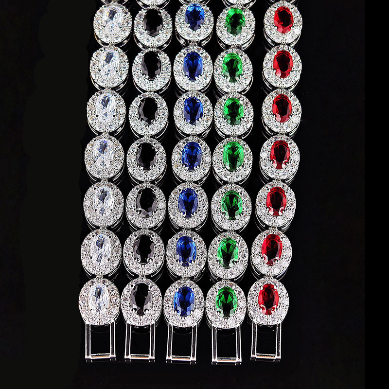 Iced Out Sapphire/Emerald/Ruby/White/Black Oval Cut Halo Bracelet