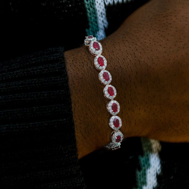 Iced Out Sapphire/Emerald/Ruby/White/Black Oval Cut Halo Bracelet