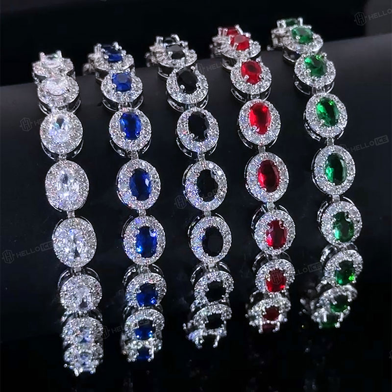 Iced Out Sapphire/Emerald/Ruby/White/Black Oval Cut Halo Bracelet