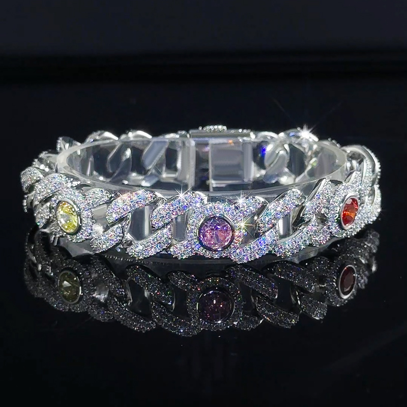 Iced Out 13mm Multi-color Cuban Bracelet in White Gold Plating