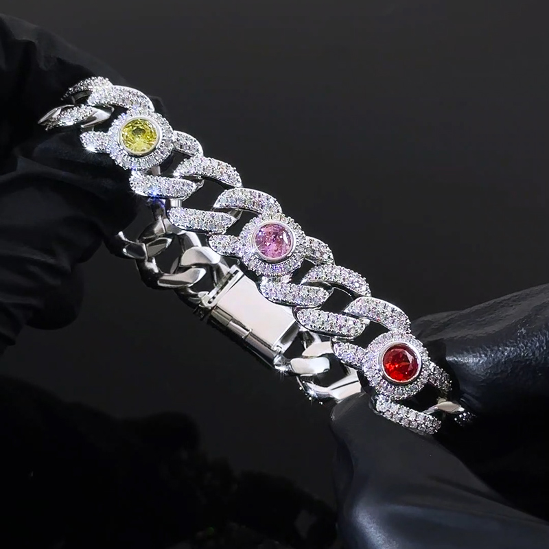 Iced Out 13mm Multi-color Cuban Bracelet in White Gold Plating