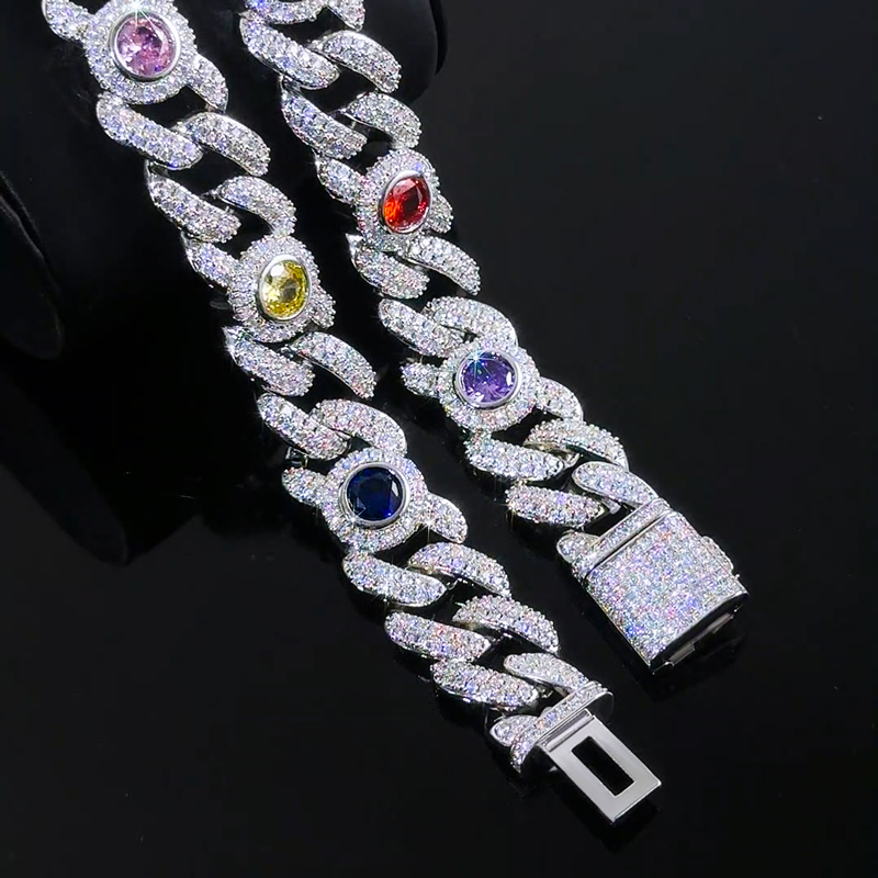 Iced Out 13mm Multi-color Cuban Bracelet in White Gold Plating