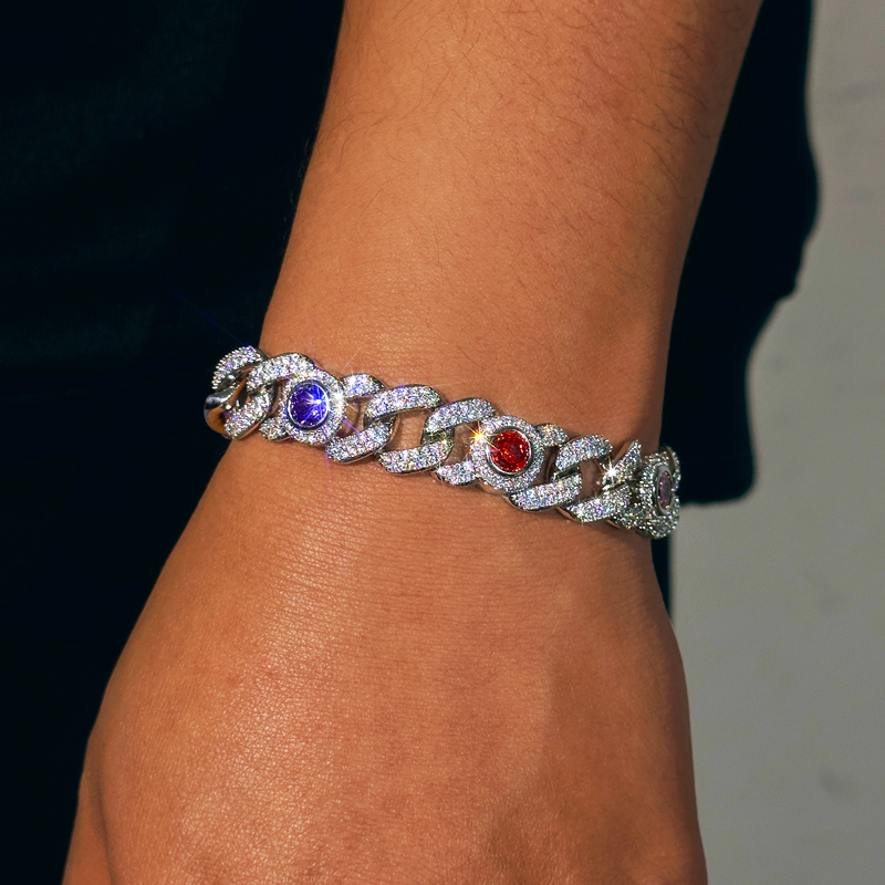 Iced Out 13mm Multi-color Cuban Bracelet in White Gold Plating