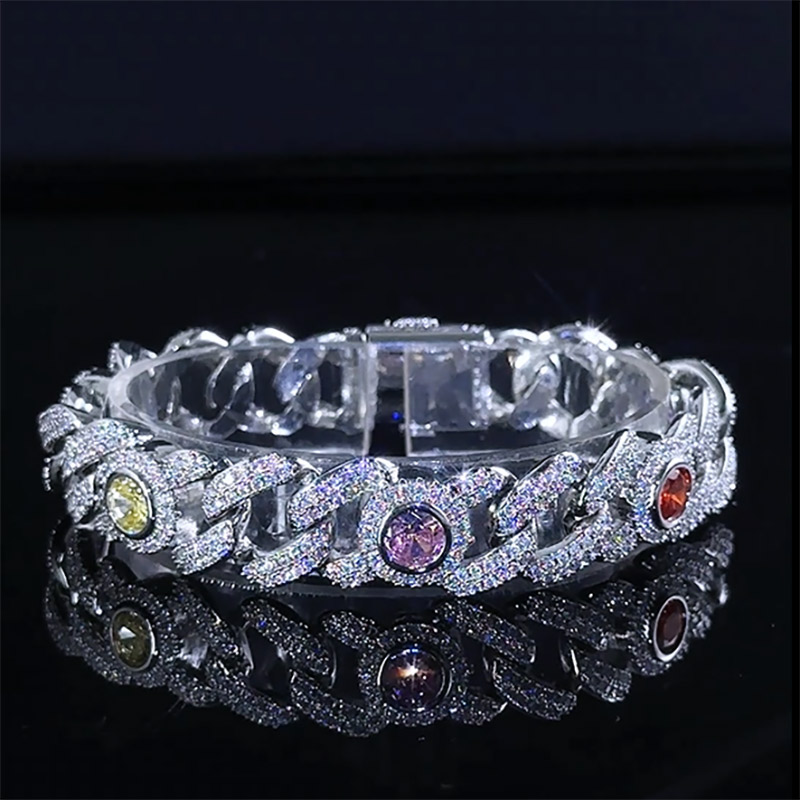 Iced Out 13mm Multi-color Cuban Bracelet in White Gold Plating