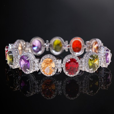 Iced Out Oval Cut Multi-color Bracelet in White Gold Plating