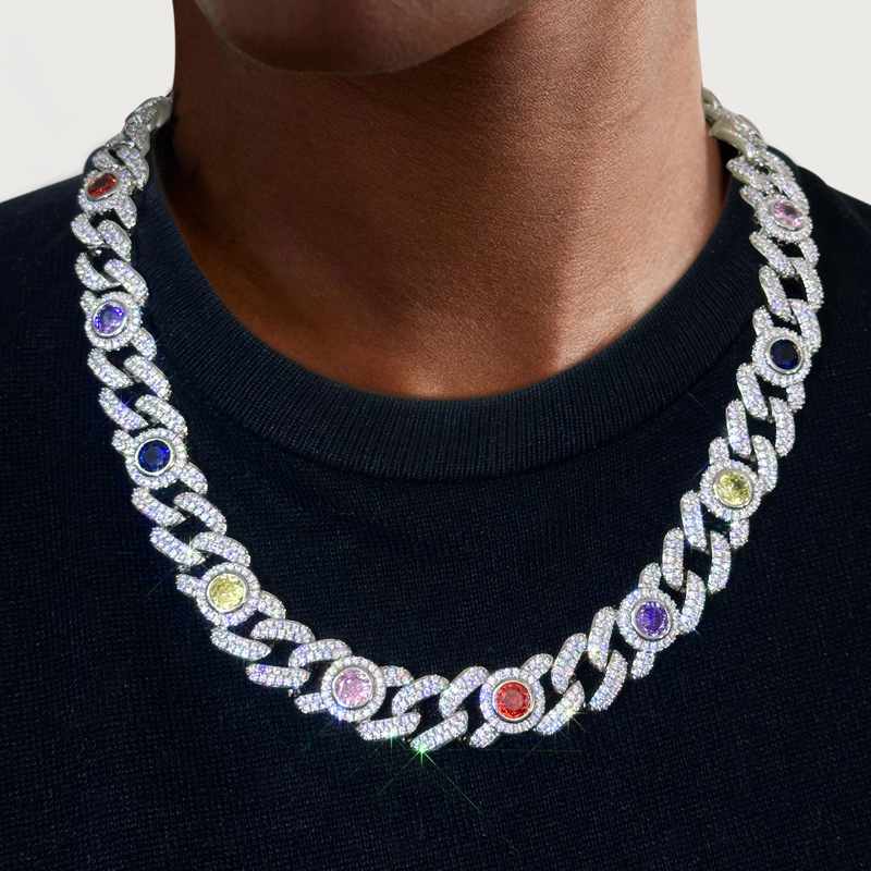 Iced Out 13mm Multi-color Cuban Chain in White Gold Plating