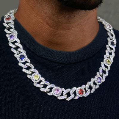 Iced Out 13mm Multi-color Cuban Chain in White Gold Plating