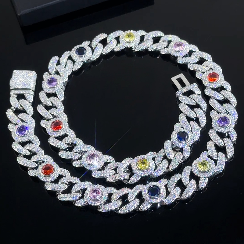 Iced Out 13mm Multi-color Cuban Chain in White Gold Plating