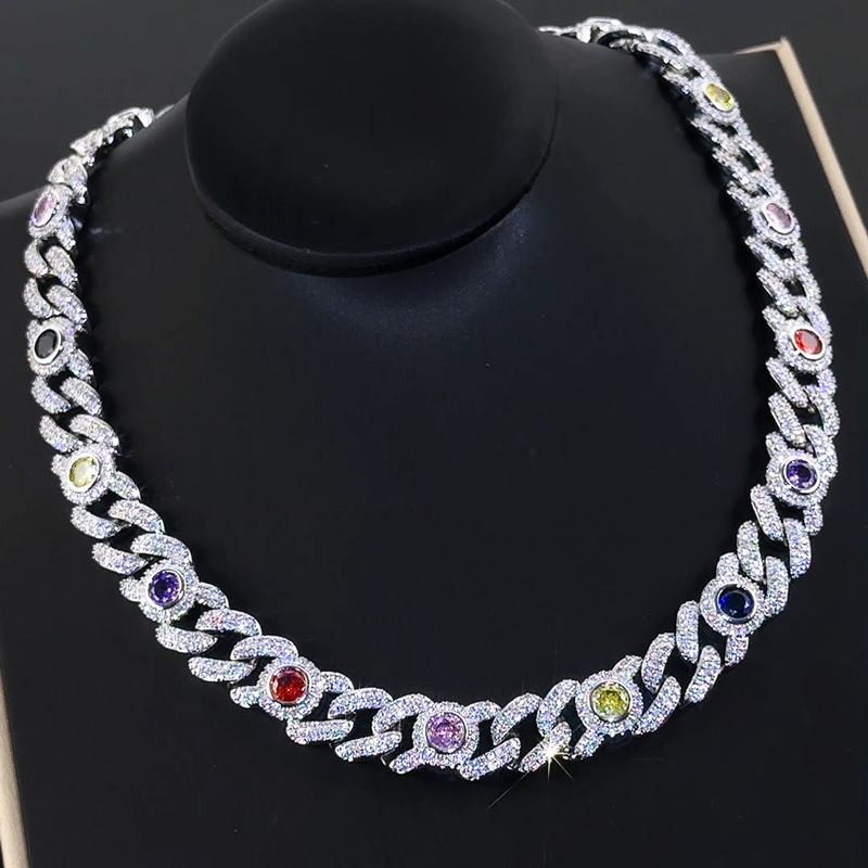 Iced Out 13mm Multi-color Cuban Chain in White Gold Plating