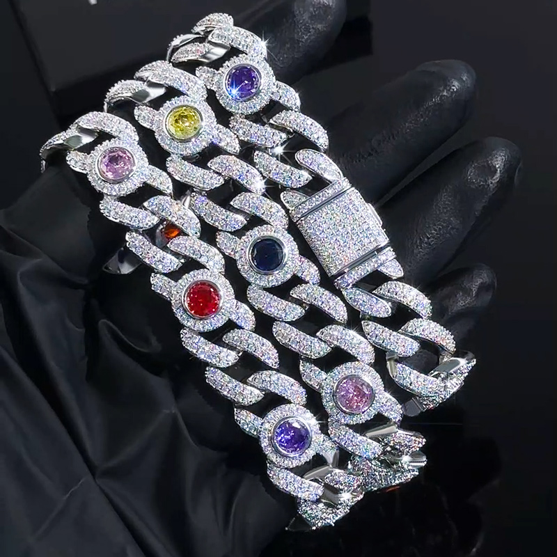 Iced Out 13mm Multi-color Cuban Chain in White Gold Plating