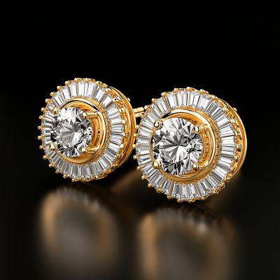 Round Cut with Baguette Cut Stud Earrings