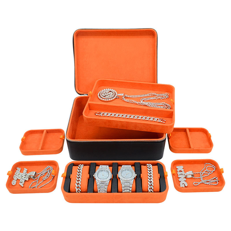 Multi-function Orange&Black PU Jewelry Box