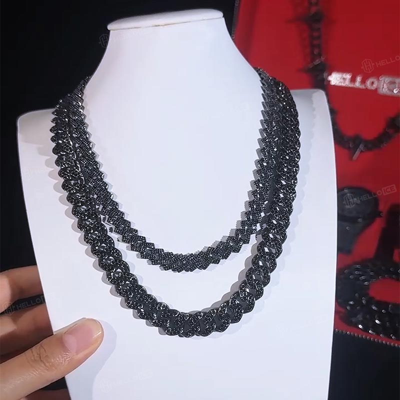 10mm 925S & VVS Moissanite Black Prong Cuban Link Chain in Black Gold