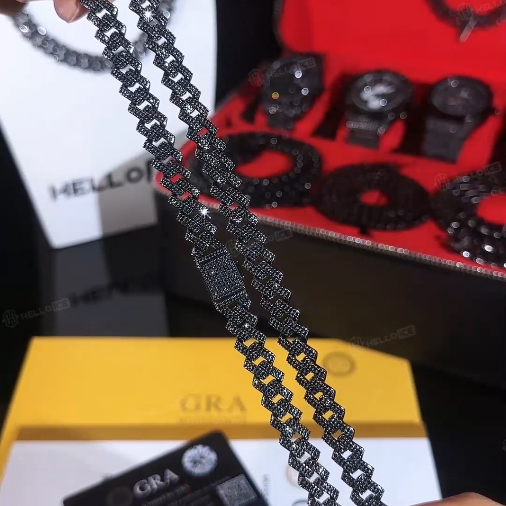 10mm 925S & VVS Moissanite Black Prong Cuban Link Chain in Black Gold