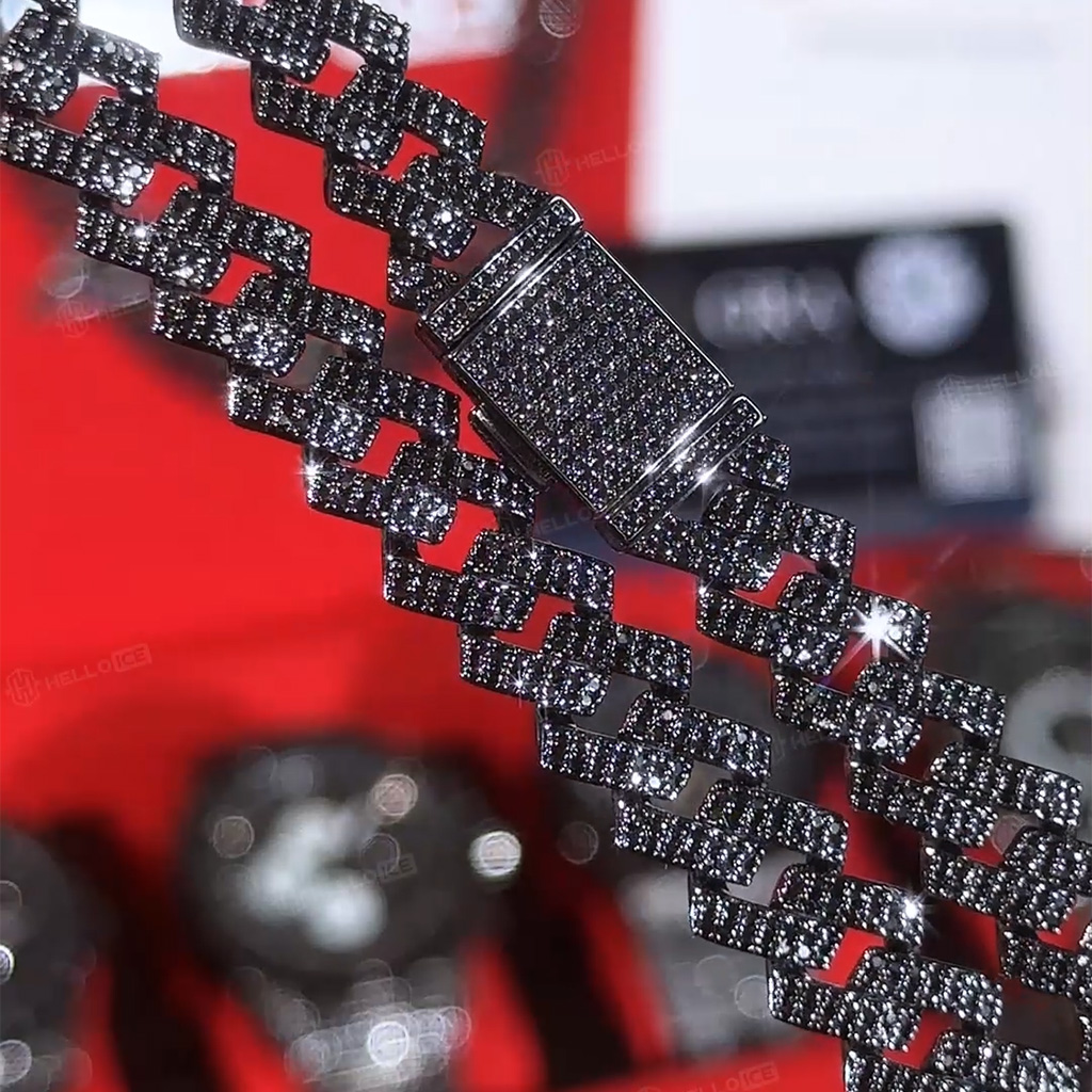 10mm 925S & VVS Moissanite Black Prong Cuban Link Chain in Black Gold