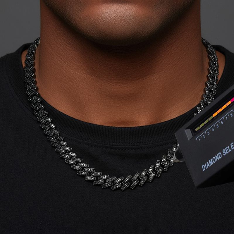 10mm 925S & VVS Moissanite Black Prong Cuban Link Chain in Black Gold