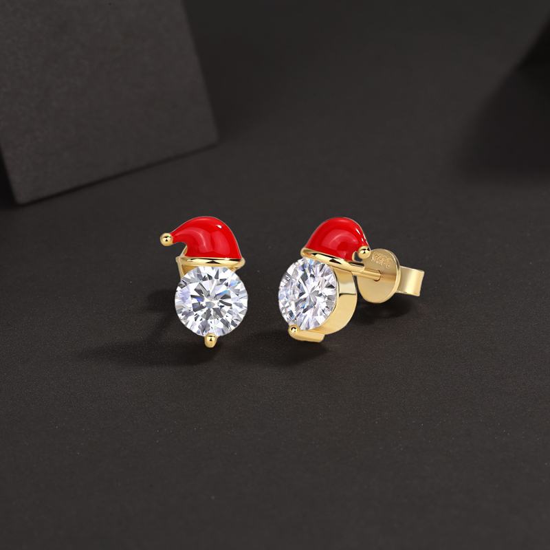 S925 & Moissanite Santa Hat Round Cut Stud Earrings