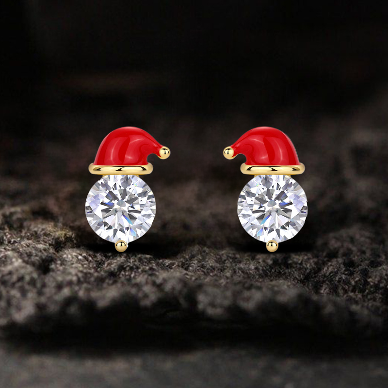 S925 & Moissanite Santa Hat Round Cut Stud Earrings