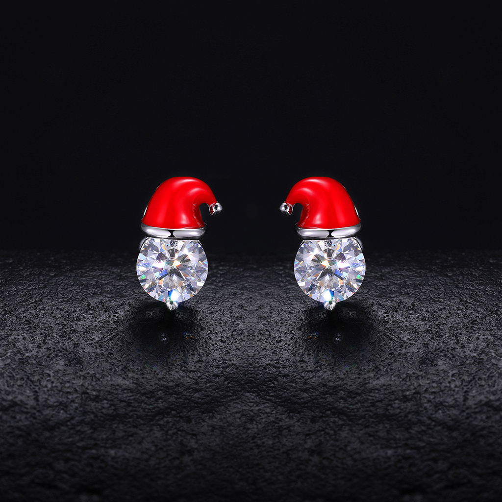 S925 & Moissanite Santa Hat Round Cut Stud Earrings