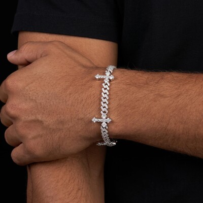 6mm 925 Silver & VVS1 Moissanite Cross Cuban Bracelet In White Gold