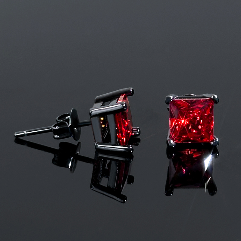 S925 & Moissanite Ruby Princess Cut Stud Earrings in Black Gold