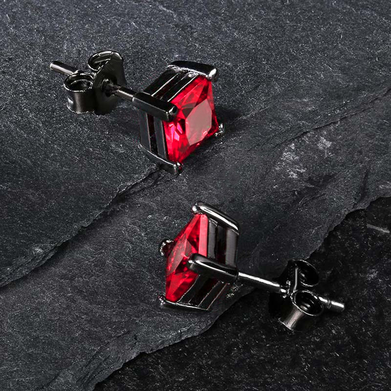 S925 & Moissanite Ruby Princess Cut Stud Earrings in Black Gold