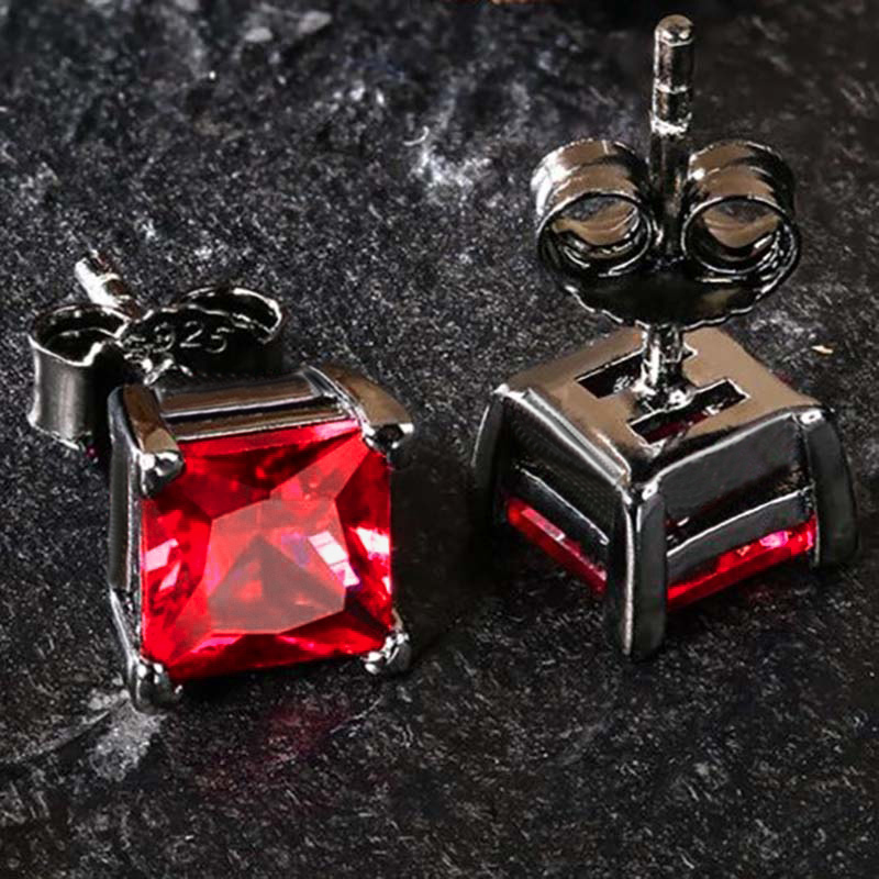 S925 & Moissanite Ruby Princess Cut Stud Earrings in Black Gold