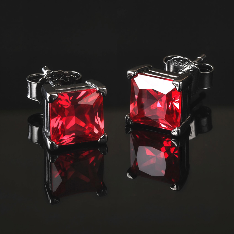 S925 & Moissanite Ruby Princess Cut Stud Earrings in Black Gold