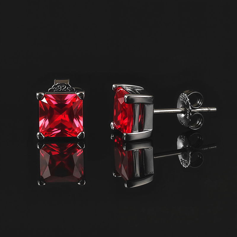 S925 & Moissanite Ruby Princess Cut Stud Earrings in Black Gold