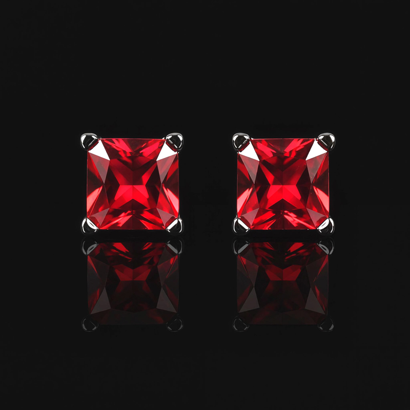 S925 & Moissanite Ruby Princess Cut Stud Earrings in Black Gold