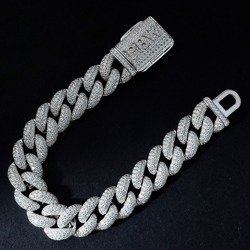 15mm Moissanite S925 Silver Cuban Link Bracelet with Custom Name Box Clasp