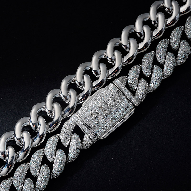 15mm Moissanite S925 Silver Cuban Link Bracelet with Custom Name Box Clasp