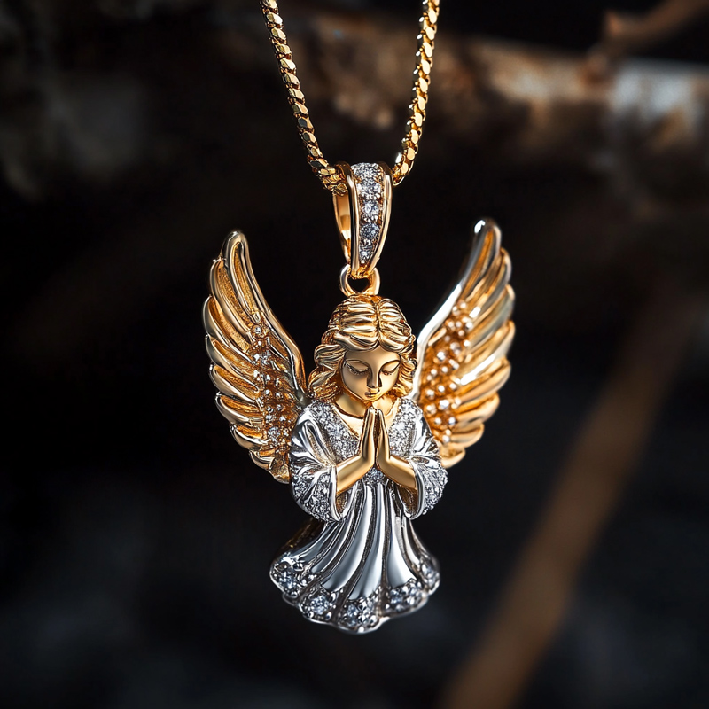 Iced Prayer Hand Guardian Angel Wings Pendant