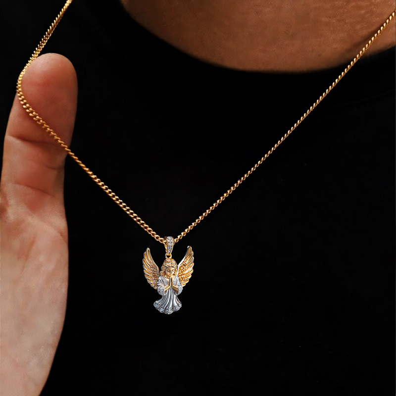 Iced Prayer Hand Guardian Angel Wings Pendant