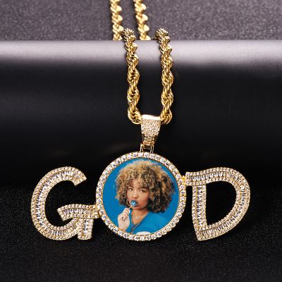 Iced GOD Baguette Cut Photo Pendant in Gold Plating