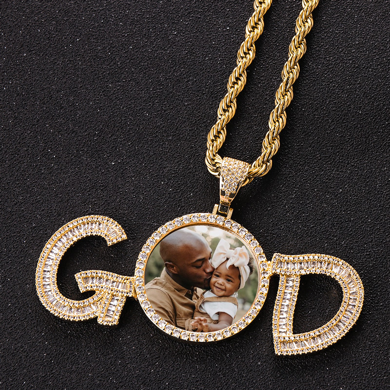 Iced GOD Baguette Cut Photo Pendant in Gold Plating